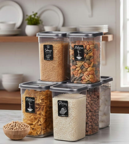 Plastic Grocery  Airtight Container  - 1100 ml (Pack of 6, Transparent, Grey)