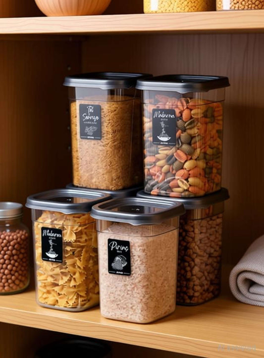 Plastic Grocery  Airtight Container  - 1100 ml (Pack of 6, Transparent, Grey)